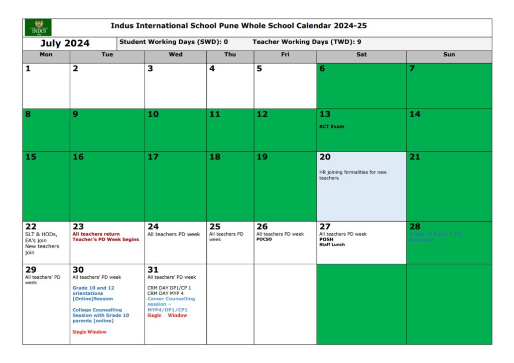 Calendar Indus Pune